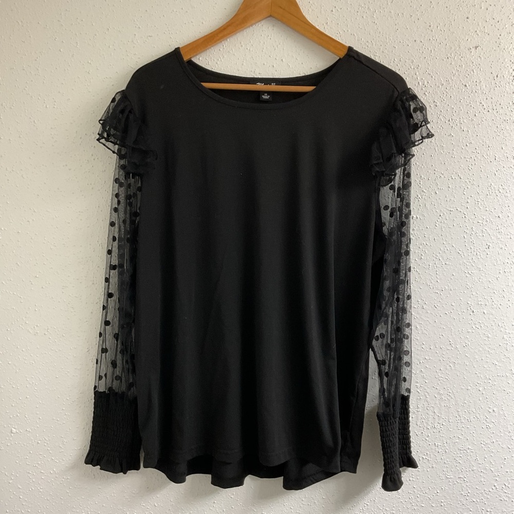 Elegant Black Top with Sheer Polka Dot Sleeves